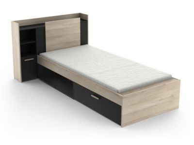 Lit modulable 90 x 190/200 cm avec rangements - Noir et naturel - MARTELO