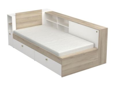 Lit modulable 90 x 190/200 cm avec rangements - Blanc et naturel - LIARA