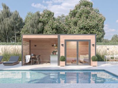 Abri de jardin / Poolhouse Design bois douglas ép.55 mm surface totale 8.7m² + pergola 8.7m²