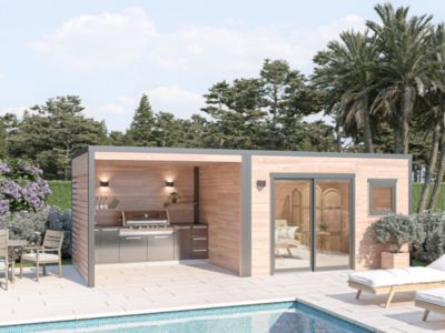 Abri de jardin / Poolhouse Design bois douglas ép.55 mm surface totale 11.6m² + pergola 8.7m²