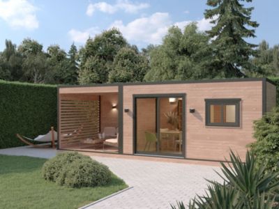 Abri de jardin / Poolhouse Design bois douglas ép.55 mm surface totale 14.5m² + pergola 8.7m²