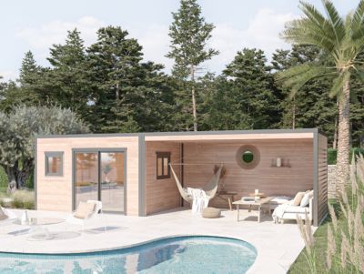 Abri de jardin / Poolhouse Design bois douglas ép.55 mm 12m² + pergola 15m²