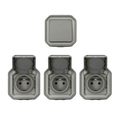 Lot de 3 prises 2 pôles+terre et 1 interrupteur Legrand Plexo gris