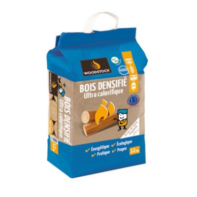 Bois densifié 8 bûches Woodstock 12kg - Prêt à l'emploi ≤ 10%
