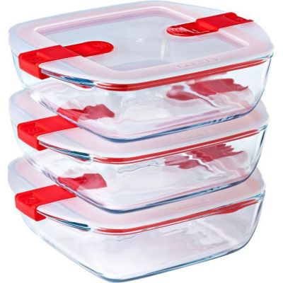 Lot de 3 lunch box PYREX Cook & Heat Verre Carré Couvercle à valves vapeur spécial micro onde 1