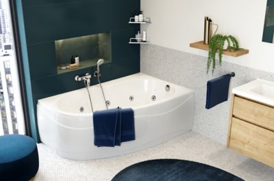Baignoire balnéo asymétrique angle gauche 160 x 100 cm Allibert Intensea Elba Duo + tablier