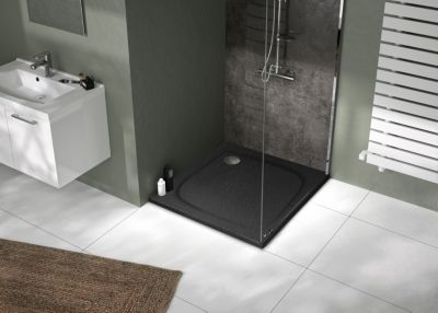 Receveur de douche carré 80x80cm, noir mat effet pierre, Allibert Mooneo