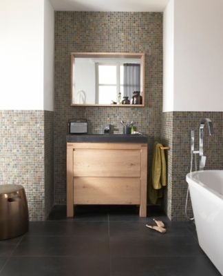 Meuble sous vasque à poser chêne massif et plaqué chêne l.90 cm + plan vasque en granit noir  Cooke & Lewis Harmon