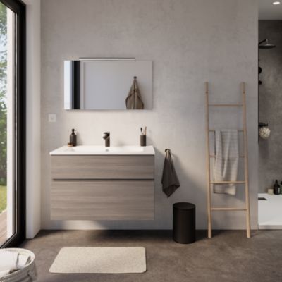 Meuble vasque suspendu effet chêne clair l.60 cm + plan vasque blanc en résine  Calao