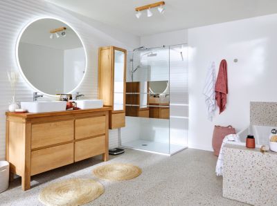 Meuble vasque à poser chêne massif et plaqué chêne l.140 cm + plan de toilette stratifié effet chêne  Cooke & Lewis Harmon