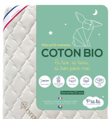 Matelas Bébé Coton Bio - 100% Coton - Déhoussable - Sans traitement chimique - Fabrication Française - Oeko Tex