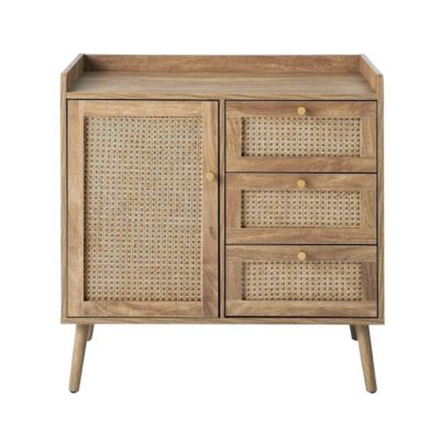 Commode 1 porte 3 tiroirs avec façades en rotin et pieds en bois L80 cm - PALMO