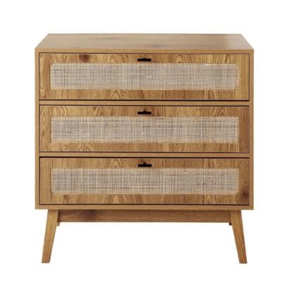 Commode 3 tiroirs avec façades en rotin et pieds en bois L80 cm - ALIA
