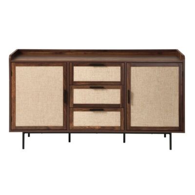 Buffet 2 portes 3 tiroirs décor noyer et façades en tissu L140 cm - JETSON
