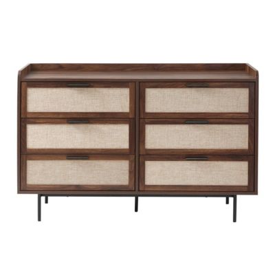 Commode 6 tiroirs décor noyer avec façades en tissu L120 cm - JETSON