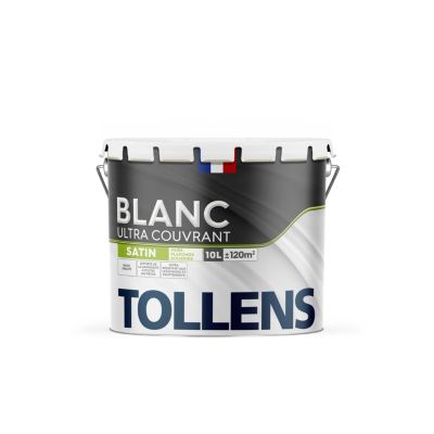 Peinture Tollens ultra couvrant murs, plafonds et boiseries satin blanc 10L