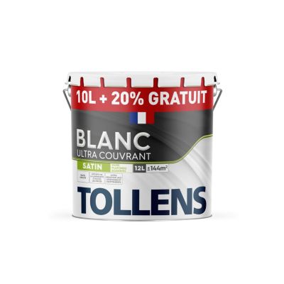 Peinture Tollens ultra couvrant murs, plafonds et boiseries satin blanc 10L+20% gratuit