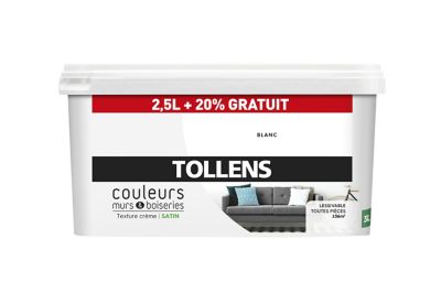 Peinture murs et boiseries Tollens blanc satin 2,5L +20% gratuit
