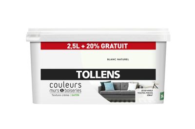 Peinture murs et boiseries Tollens blanc naturel satin 2,5L +20% gratuit