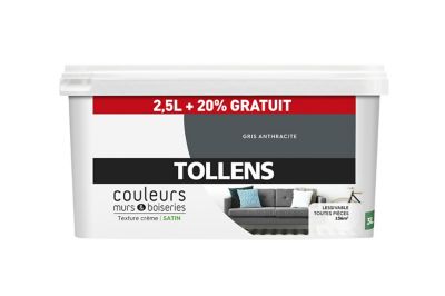 Peinture murs et boiseries Tollens gris anthracite satin 2,5L +20% gratuit