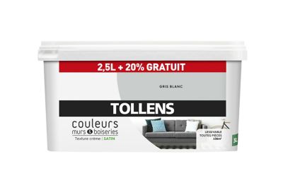 Peinture murs et boiseries Tollens gris blanc satin 2,5L +20% gratuit