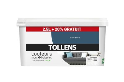 Peinture murs et boiseries Tollens bleu paon satin 2,5L +20% gratuit