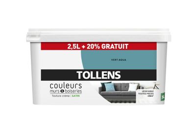 Peinture murs et boiseries Tollens vert aqua satin 2,5L +20% gratuit