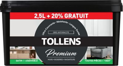 Peinture Tollens premium murs, boiseries et radiateurs gris anthracite satin 2,5L +20% gratuit