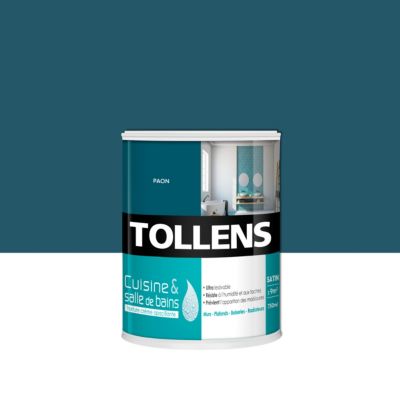 Peinture murs et plafonds Cuisine et bains satin bleu paonTollens 0,75 L