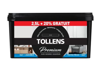 Peinture Tollens premium monocouche murs, plafonds et boiseries noir mat 2,5L +20% gratuit