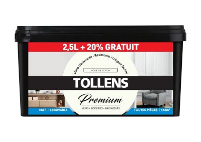 Peinture Tollens premium monocouche murs, plafonds et boiseries coton 2,5L +20% gratuit