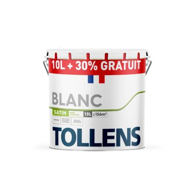 Peinture bicouche murs plafonds boiseries Tollens blanc satin 10L + 30% gratuit