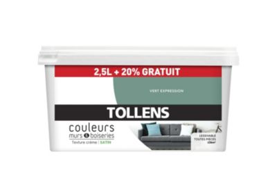 Peinture murs et boiseries Tollens vert expression satin 2,5L +20% gratuit
