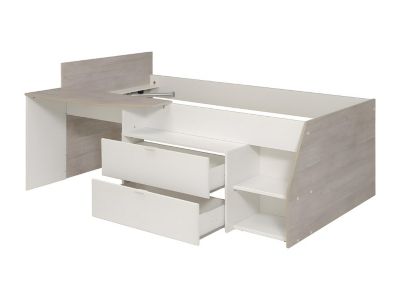 Lit avec bureau et rangements - 90 x 190/200 cm - Blanc et naturel - GISELE