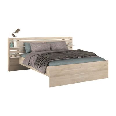 Lit adulte ESCALE 160x200 cm - Décor chene du Japon - 2 tiroirs + Tete de lit - L222,8 x H98,2 x P216,8 cm - Fabriqué en Franc