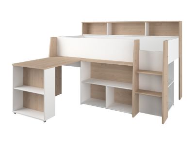 Lit combiné 90 x 200 cm avec bureau et rangements - Blanc et naturel - APOLINO