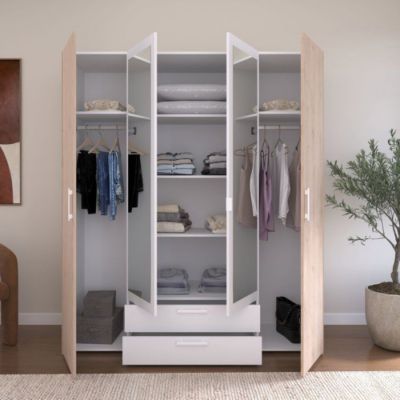 Armoire VARIA Décor chêne et 4 portes battantes + 2 miroirs 160 x H 185 x P 52 cm PARISOT - vue 2