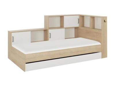 Lit avec rangements et tiroir 90 x 200 cm - Coloris : naturel et blanc - ARMAND