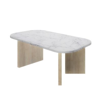 Table basse DIAGONE QUARTZ ovale blanc effet marbre pieds chene 105 x 58 x 39 cm