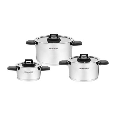 Batterie de casseroles Arthur Martin 3 pieces inox avec poignees rabattables et couvercles verre