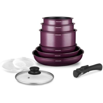 Batterie de cuisine - Tous feux dont induction - ARTHUR MARTIN - AM2991 - Aluminium revetement anti-adhésif - 10 pieces - Prune