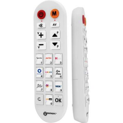 Télécommande universelle TV PHOTO100 blanche - 10 touches photo programmables, grandes touches ergonomiques, câble USB inclus.