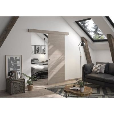 OPTIMUM Kit porte coulissante + rail + bandeau Vérone H.204xL.83xP.4 cm Chêne - vue 2