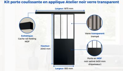 OPTIMUM Kit porte coulissante + rail + bandeau Atelier H 204 x 93 x P 4 cm verre dépoli - vue 7