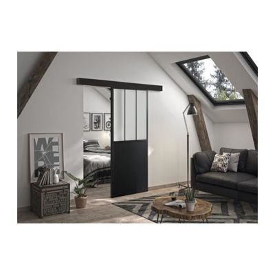 OPTIMUM Kit porte coulissante + rail + bandeau Atelier H 204 x 93 x P 4 cm verre dépoli - vue 5