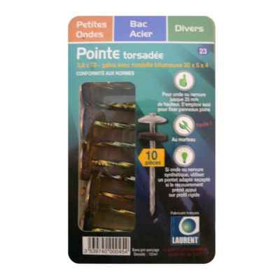 Lot de 10 pointes torsadée 3,8 x 70 mm galvanisée à chaud avec rondelle bitumineuse 20 x 5 x 4 monté