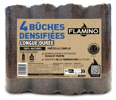 Bûche densifiée longue durée Flamino - Prêt à l'emploi ≤ 12 % vendue par 4 pièces