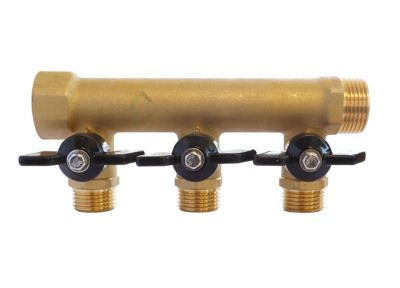 Collecteur laiton avec mini-vannes intégrées 3 départs M15/21 - Entrée F20/27 - Sortie M20/27 Somath