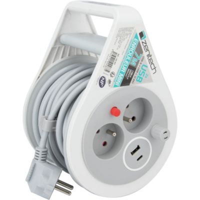 Mini enrouleur H05VV F 3G1 3 prise de + USB 7m
