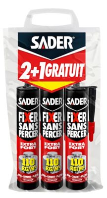 Mastic de Fixation Sader Fixer Sans Percer Extra Fort Lot de 2 Cartouches 310 ml + 1 Gratuite